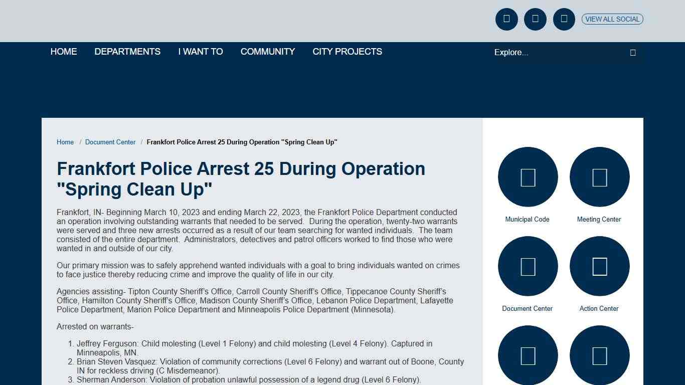 Document Center / Frankfort Police Arrest 25 During Operation "Spring Clean Up" / The City of Frankfort, Indiana